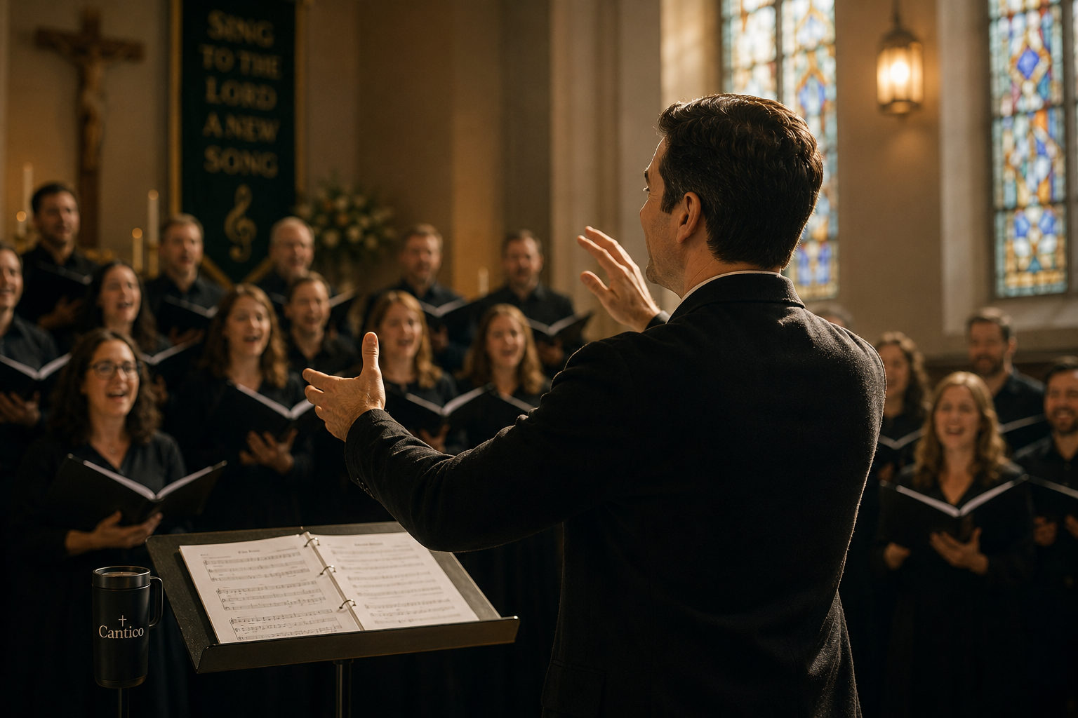 Choir director leading a full choir during Mass