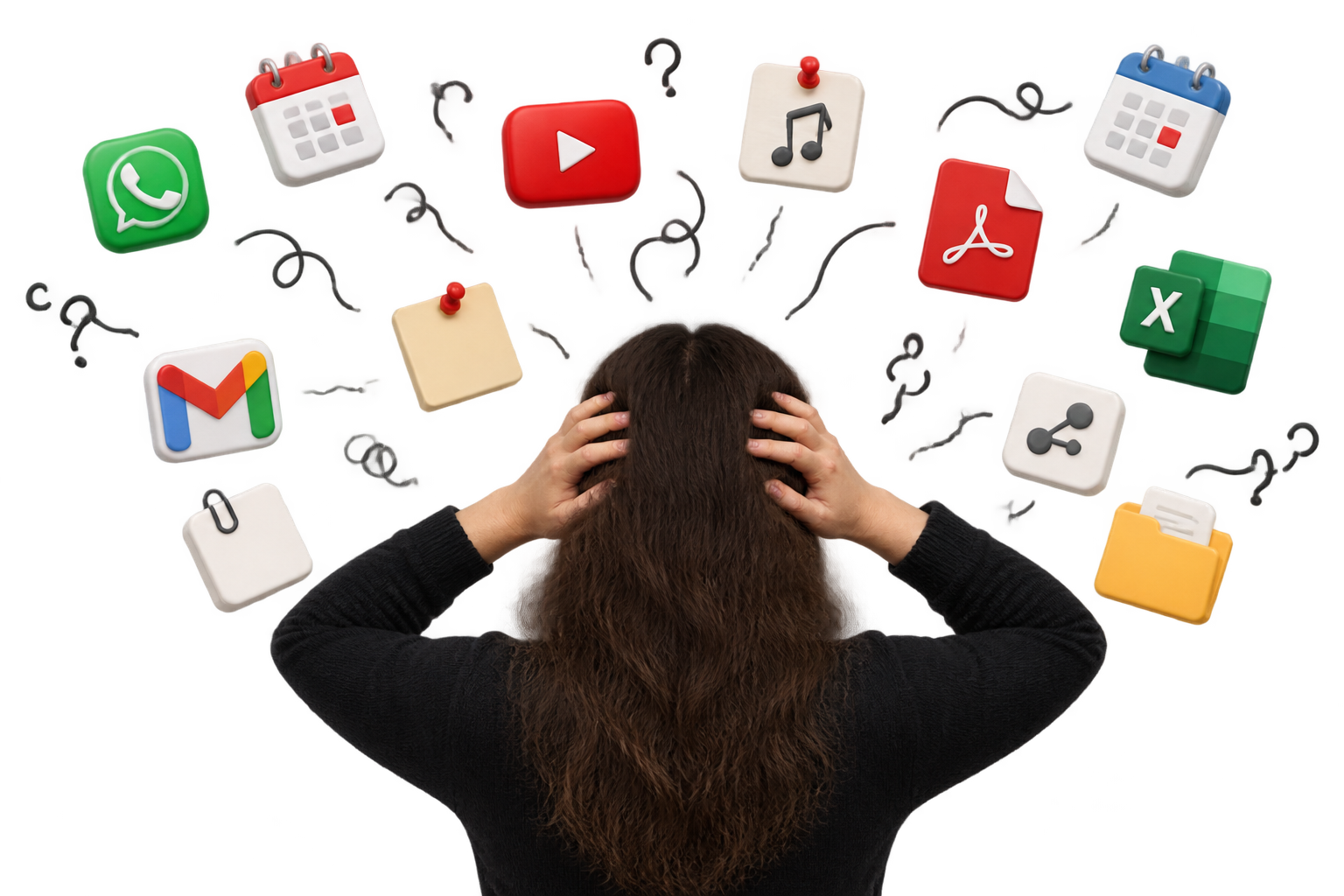Overwhelmed director surrounded by scattered apps and tools
