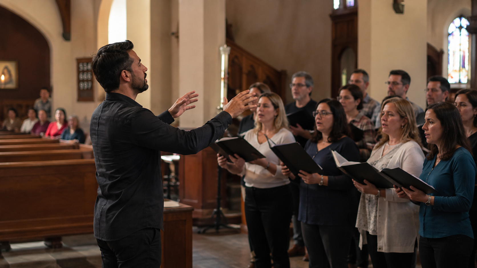 Choir director conducting during Mass