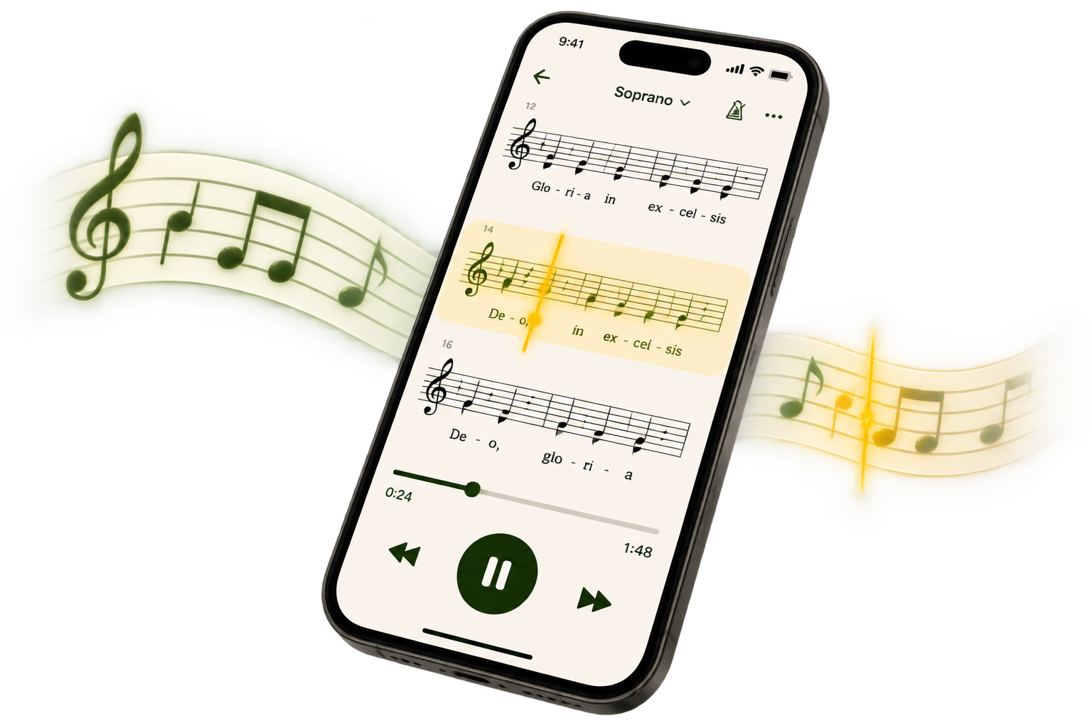Phone screen showing sheet music with the current line highlighted during playback