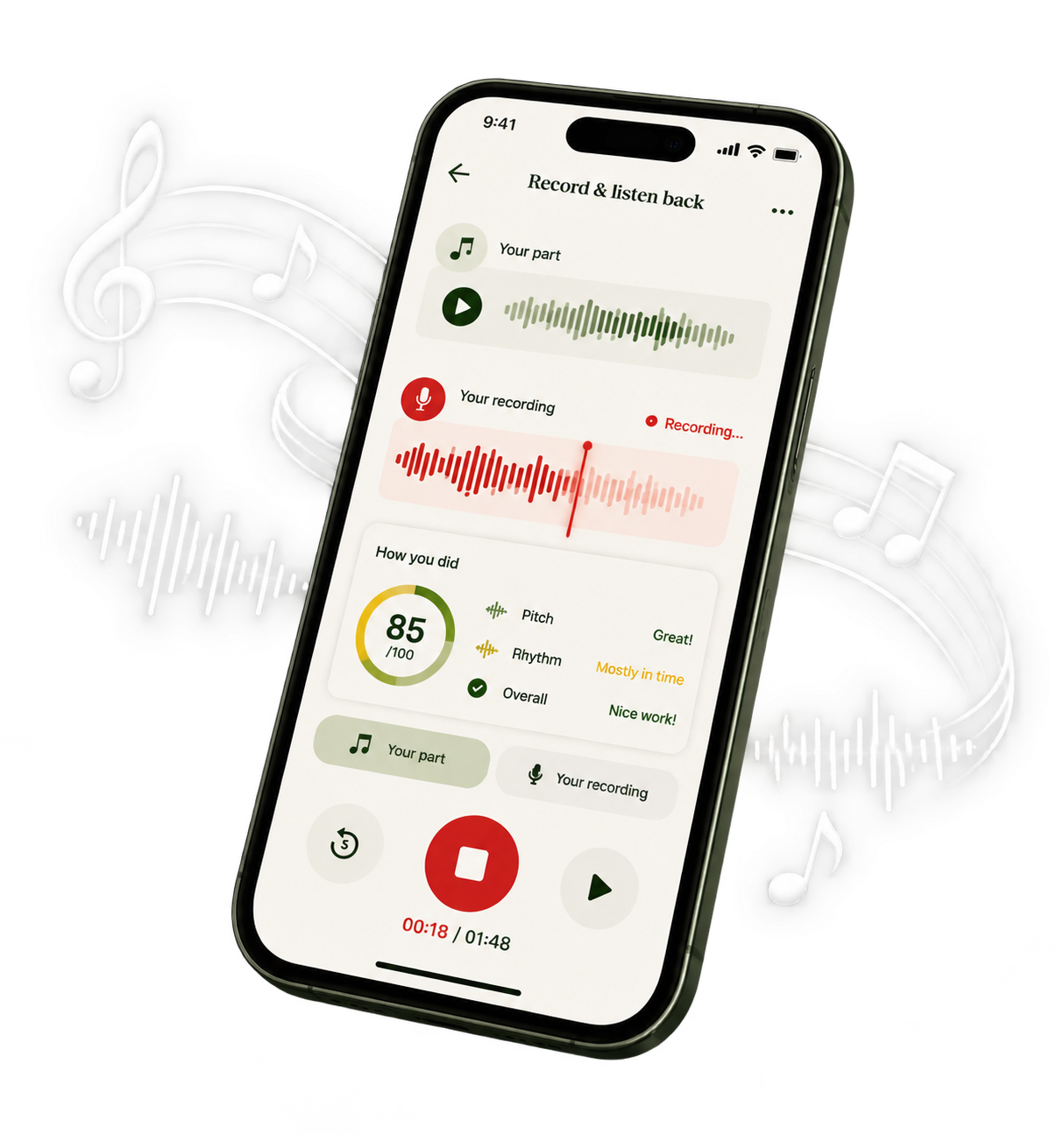Phone screen recording a singer's voice with a waveform and score