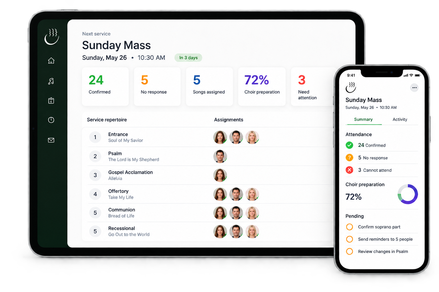 Cantico dashboard showing Sunday Mass readiness on tablet and phone
